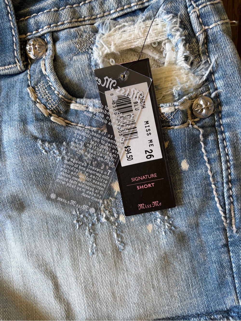 Miss Me Light Wash Distressed Denim Shorts with Rhinestone Trim - Picture 8 of 9